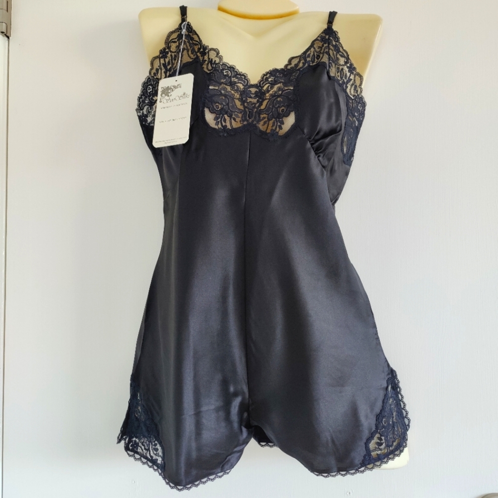 NWT Silk Lingerie Romper | Satin Bodysuit/Playsuit with Lace Slit- Black
